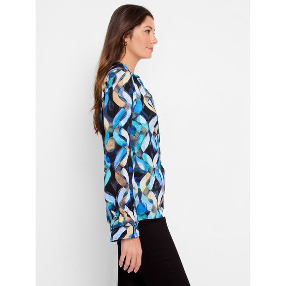 NWT NIC+ZOE Wave Links Top Size M Blue Black Print Blouse Classic Party Dressy - Picture 2 of 13